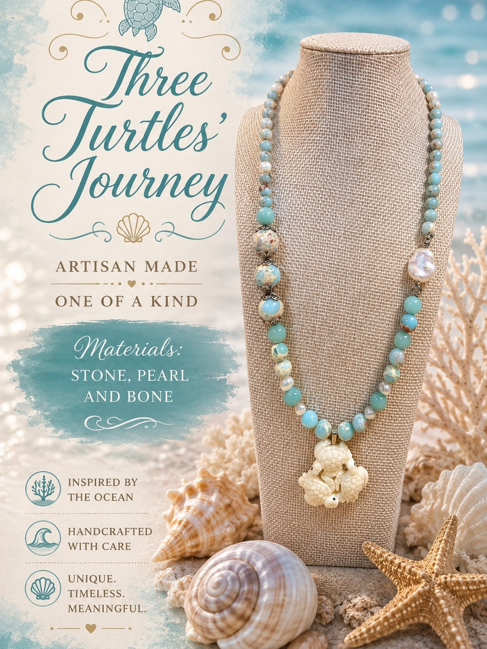 Artisan Shou Shan Stone Necklace with Carbed Bone Turtle Pendant
